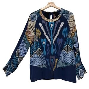 Ranna Gill Anthropologie Navy Blue Embroidered Ikat Mixed Print Blouse Medium